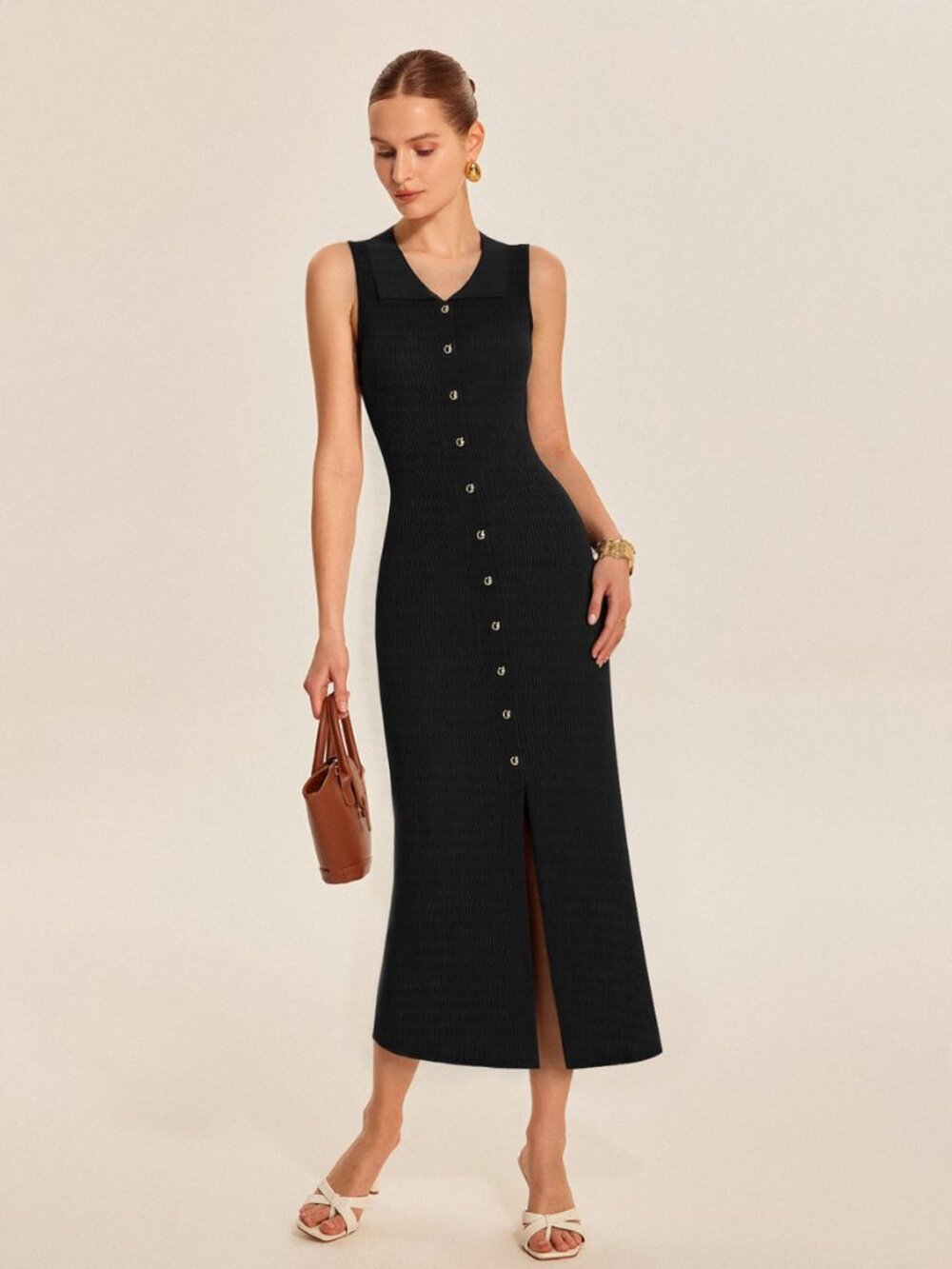 (NWT!) COMMENSE  Black Ribbed Knit Collared Midi Dress Bodycon Chic Slit Size XS